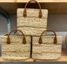 Load image into Gallery viewer, Small Braided Water Hyacinth Basket with Faux Leather Handles
