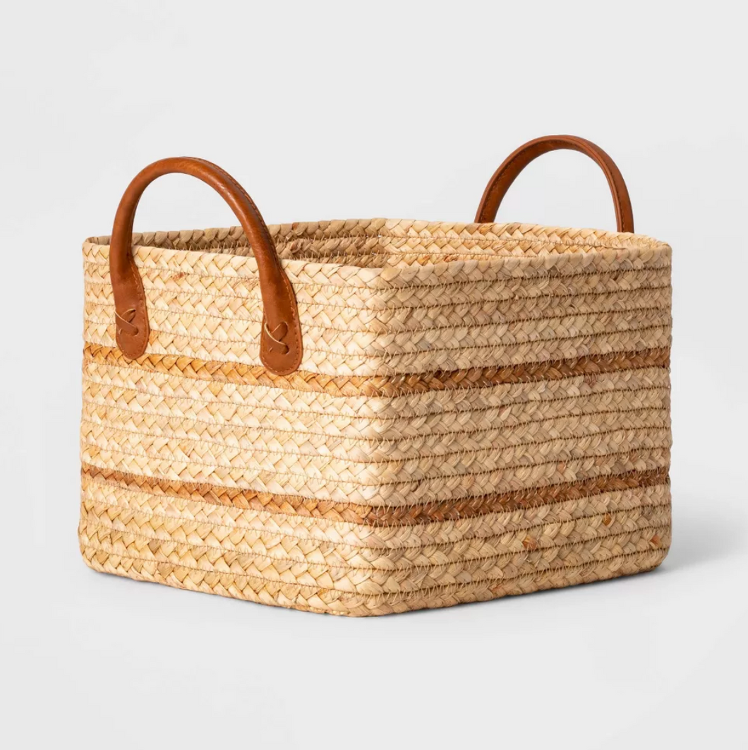 Small Braided Water Hyacinth Basket with Faux Leather Handles