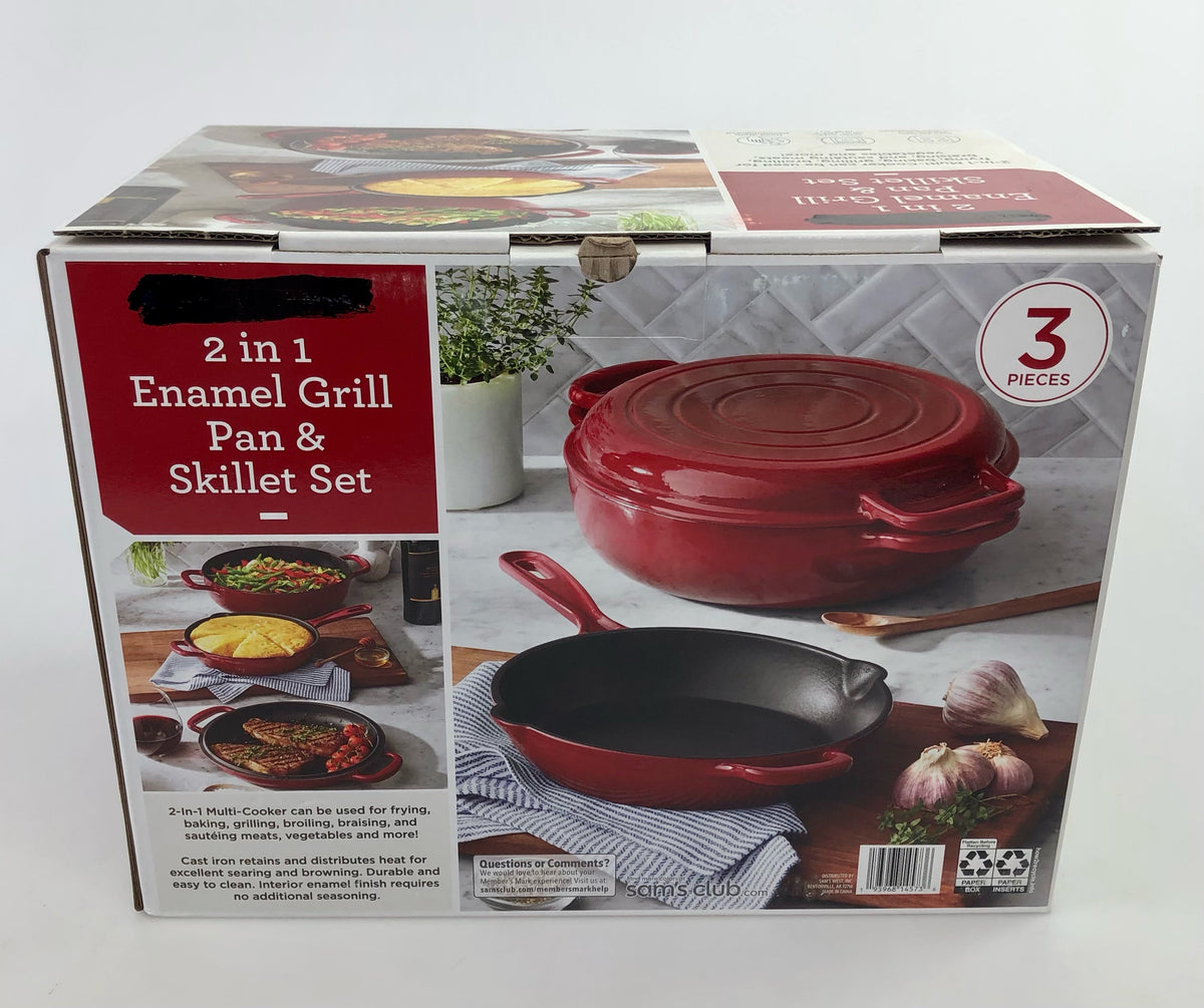 2-Piece Enamel Cast Iron Skillet Set - Red NEW