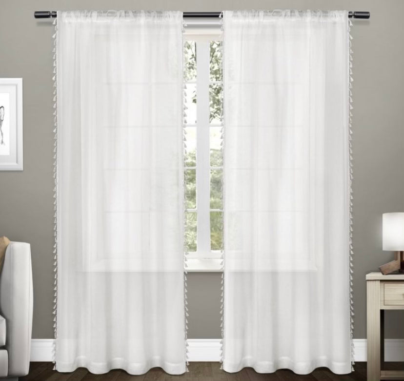 Set of 2 54”x63” Tassel Sheer Rod Pocket Curtain Panel White FN