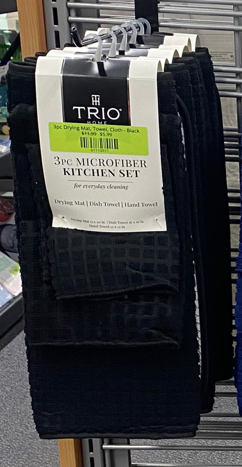 3pc Drying Mat, Towel, Cloth - Black