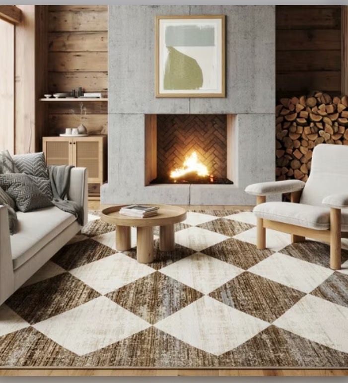 Meline Checkered Fringe Area Rug Brown Beige 4' x 6' 5