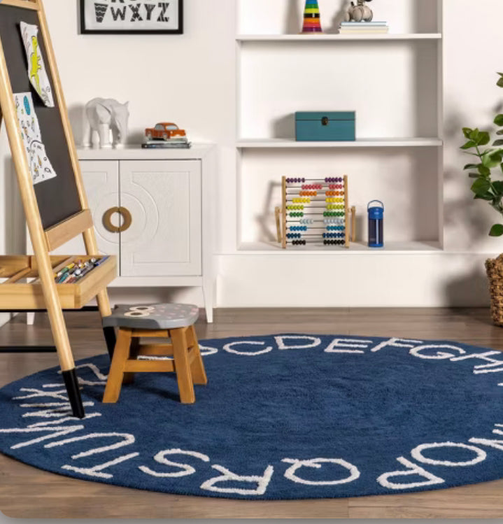 6' Washable Round Alphabet Rug - Navy