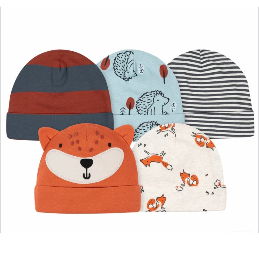 Gerber 5-Pack Baby Boys Fox & Hedgehog Caps