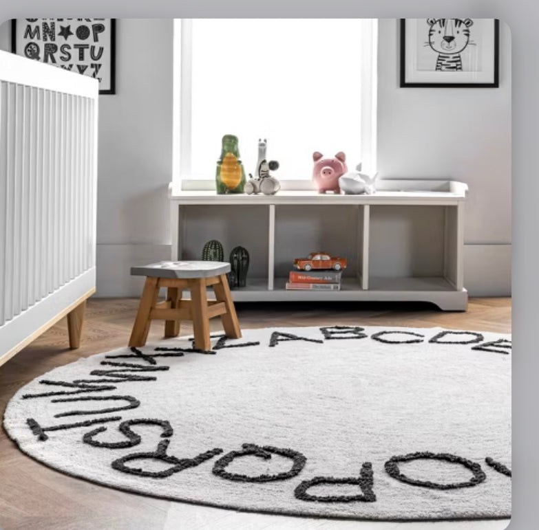 4' Washable Round Alphabet Rug - White