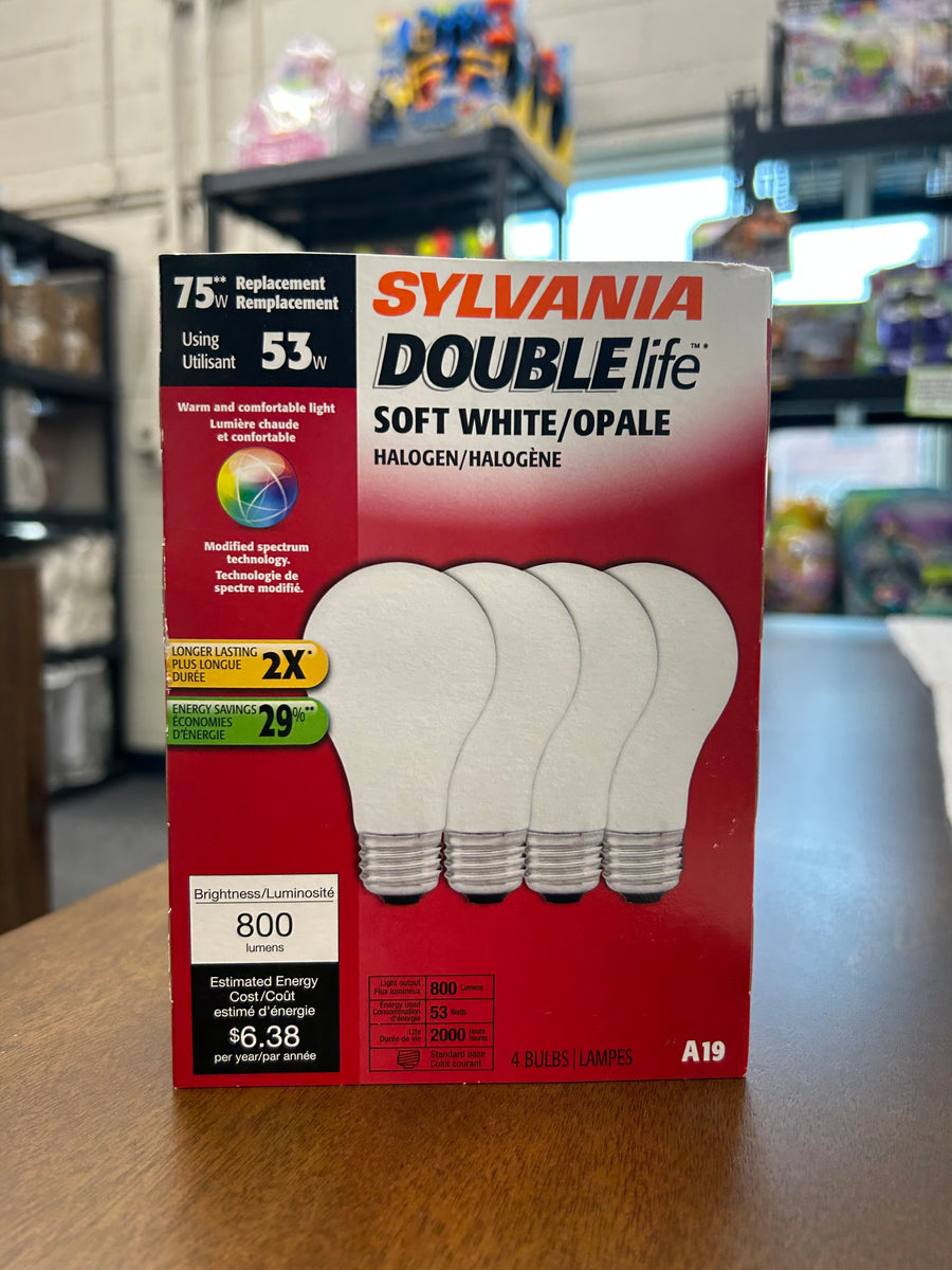 4pk. SYLVANIA Double Life Halogen Light Bulb, A19, 75W Equivalent, Eff ...