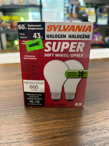 2pk. SYLVANIA Halogen Light Bulb, A19, 43W, 600 Lumens-Soft White