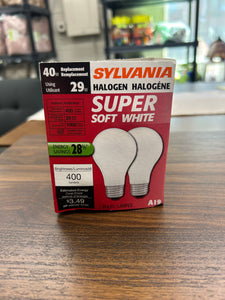 2pk. SYLVANIA Halogen Light Bulb, A19, 29W, 400 Lumens-Soft White