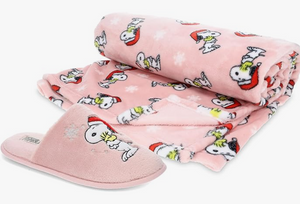 Peanuts Scuff Slippers Gift Set with Bonus Blanket, Holiday Snoopy & Woodstock
