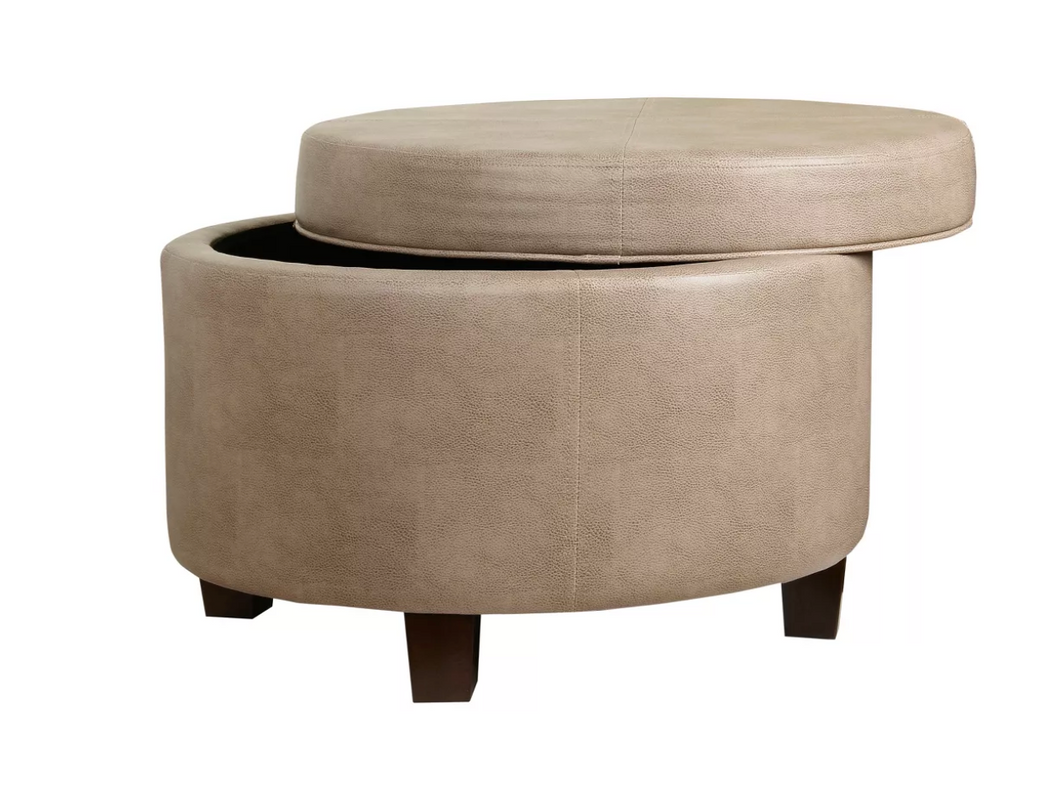 Round Faux Leather Ottoman Taupe