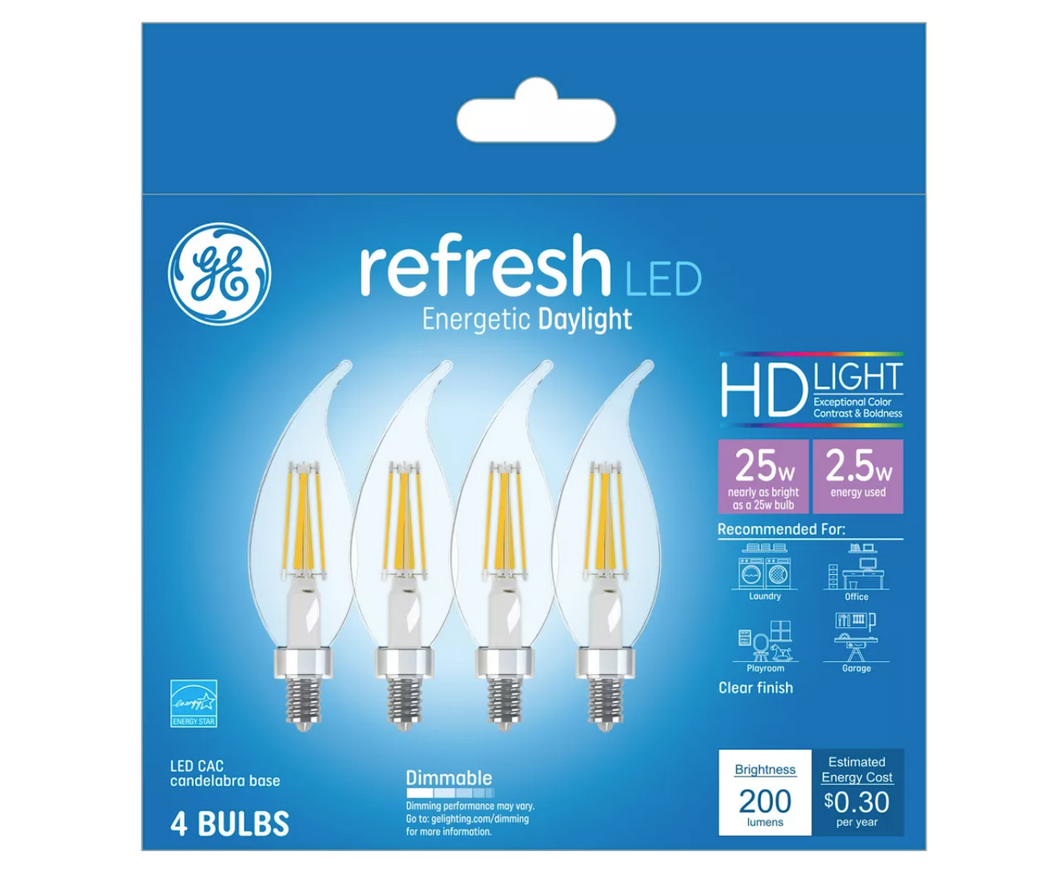 GE 4pk 2.5W 25W Equivalent Refresh LED HD Decorative Light Bulbs Daylight Clear