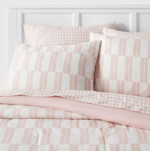 Dash Stripe Printed Microfiber Reversible Comforter & Sheets Set Ivory/Light Pink - King