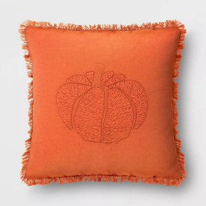 Embroidered Pumpkin with Frayed Edges Square Throw Pillow - Rust