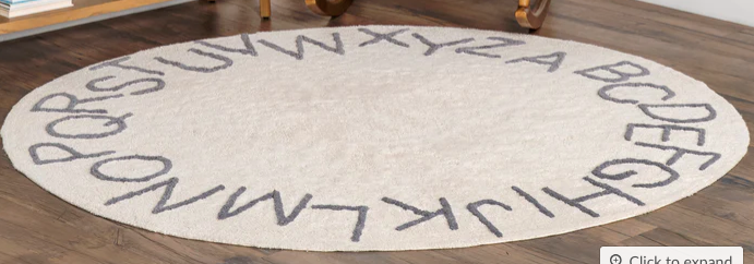 Kids Washable Round Alphabet Rug White 4' Round