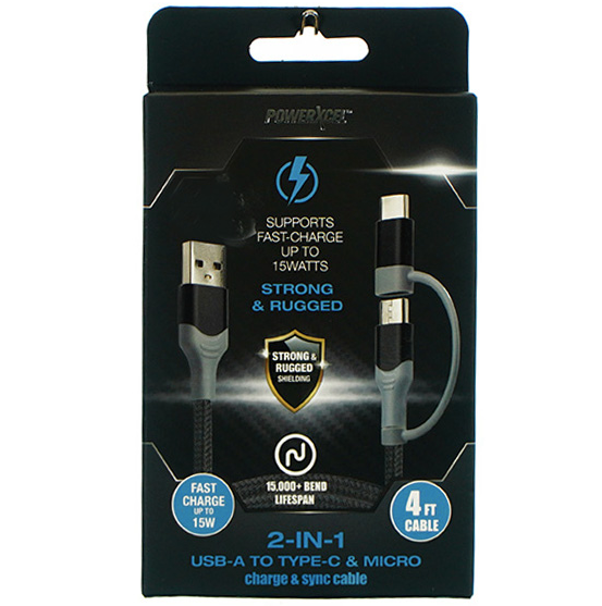Charge & Sync Cable 2IN1 15W Kevlar USB A To Type C & Micro