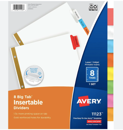 Avery Big Tab Insertable Dividers, 8-Tab, Multicolor, 1 Set