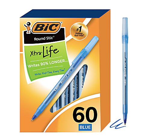 BIC Round Stic Ballpoint Pens, Medium Point, 1.0 mm, Translucent Barrel, Blue Ink, Box Of 60