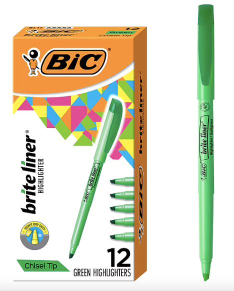 BIC Brite Liner Stick Highlighter, Chisel Tip, Green, 12/Pack