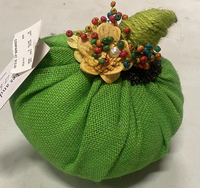 10" Burlap Stuffed Green Pumpkin Halloween Decor