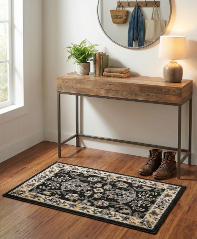 Yasmin Rug – 2' x 3' Black Easy-Clean Rug – Traditional Floral Accent