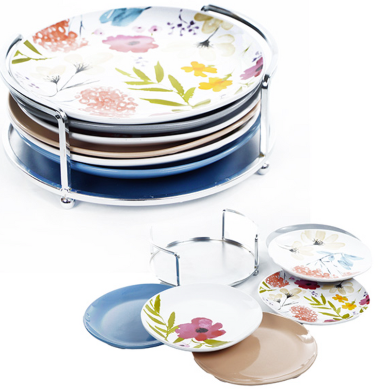 Appetizer Plates w/Caddy Floral, 6.5", 6Ct