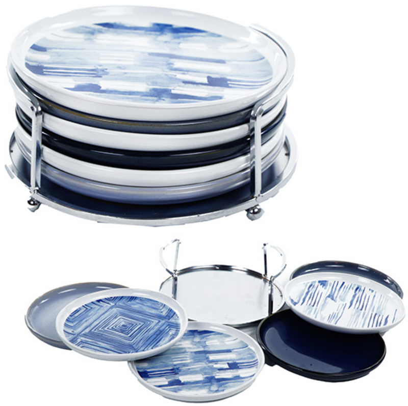 Appetizer Plates w/Caddy Indigo, 6.5", 6Ct