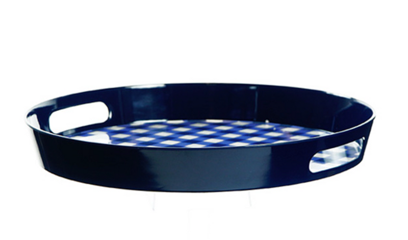 Round Serving Tray 13.5" Dia Blue and White Checker