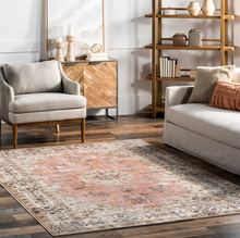 Load image into Gallery viewer, Rosette Medallion Washable Rug Peach 6&#39; x 9&#39;
