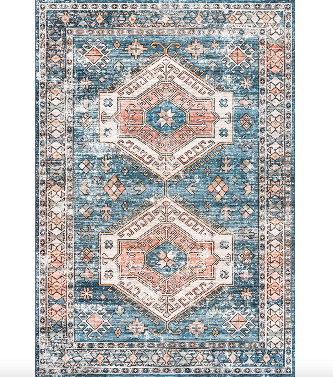 Mae Tribal Motif Machine Washable Area Rug - Blue 5' x 8'