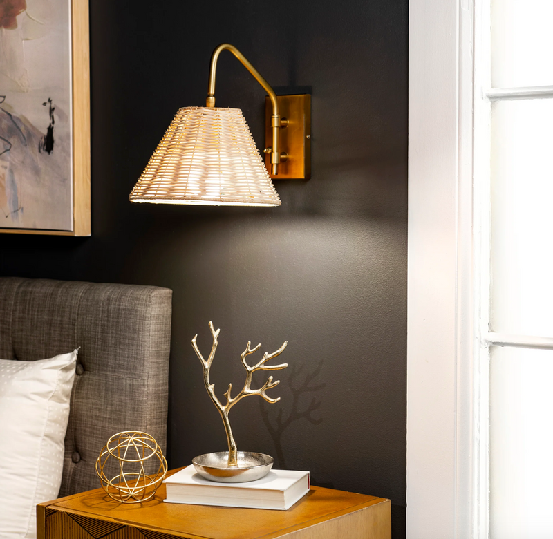 13-inch Rattan Swing Arm Wall Sconce - Brass