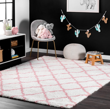Load image into Gallery viewer, Nelda Trellis Kids Shag Area Rug Baby Pink/White 5&#39; 3&quot; x 7&#39; 6&quot;

