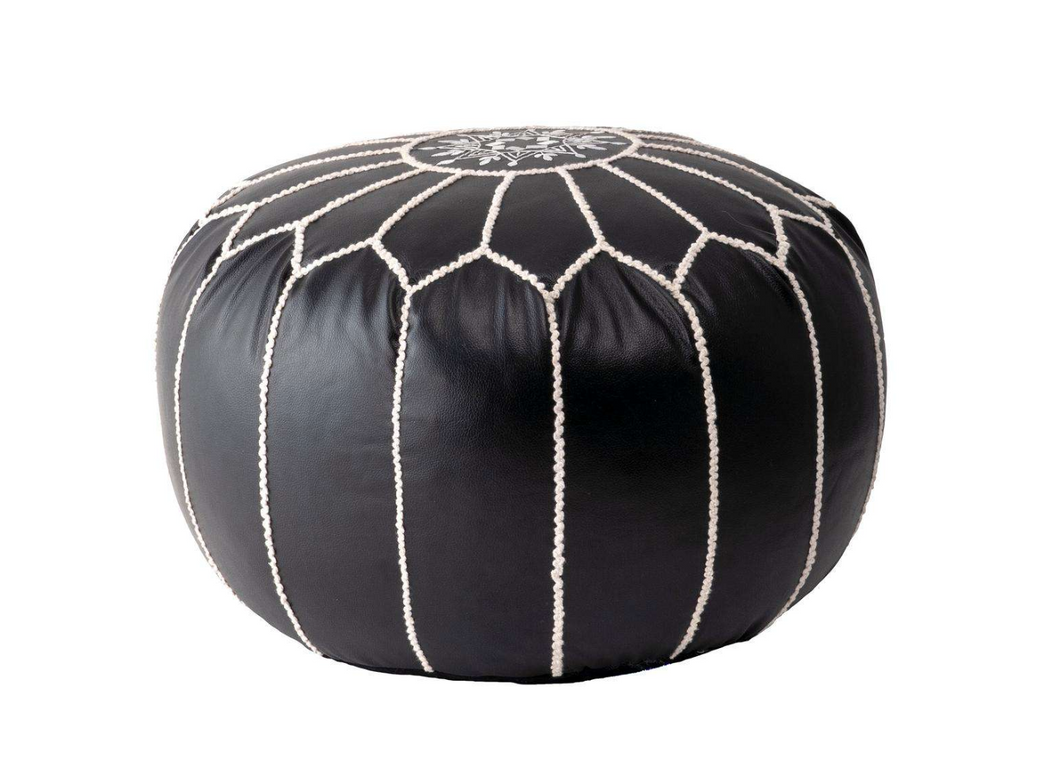 Classic Moroccan Faux Leather Filled Ottoman Pouf - Black