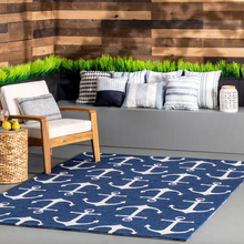 Load image into Gallery viewer, Hand Hooked Despina Indoor/ Outdoor Area Rug Navy Anchor 5&#39; x 8&#39;

