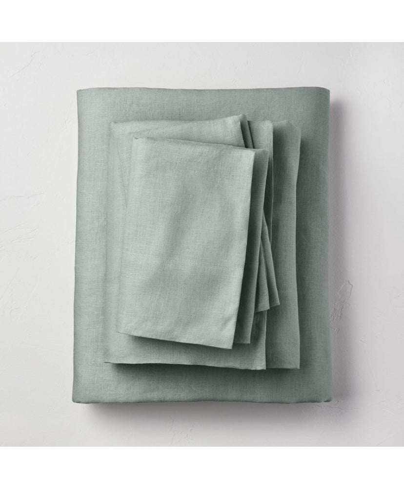 Full 100% Washed Linen Solid Sheet Set Sage Green