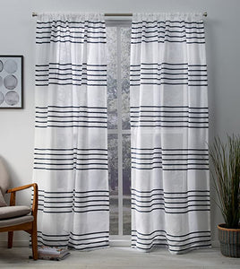54x108 Exclusive Home Curtains Monet Pleated Sheer Linen Cabana Stripe Window Curtain Panel Pair with Rod Pocket - Indigo