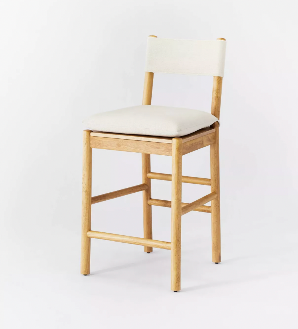 Emery Wood 26” Counter Height Barstool with Upholstered Seat and Sling Back- Natural