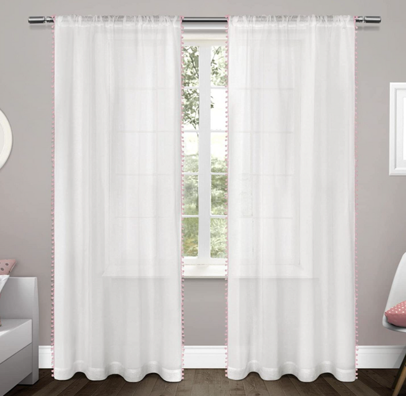 Set of 2 - 54 x 84 Pom Pom Embellished Sheer Rod Pocket Top Curtain Panels - white/pink poms