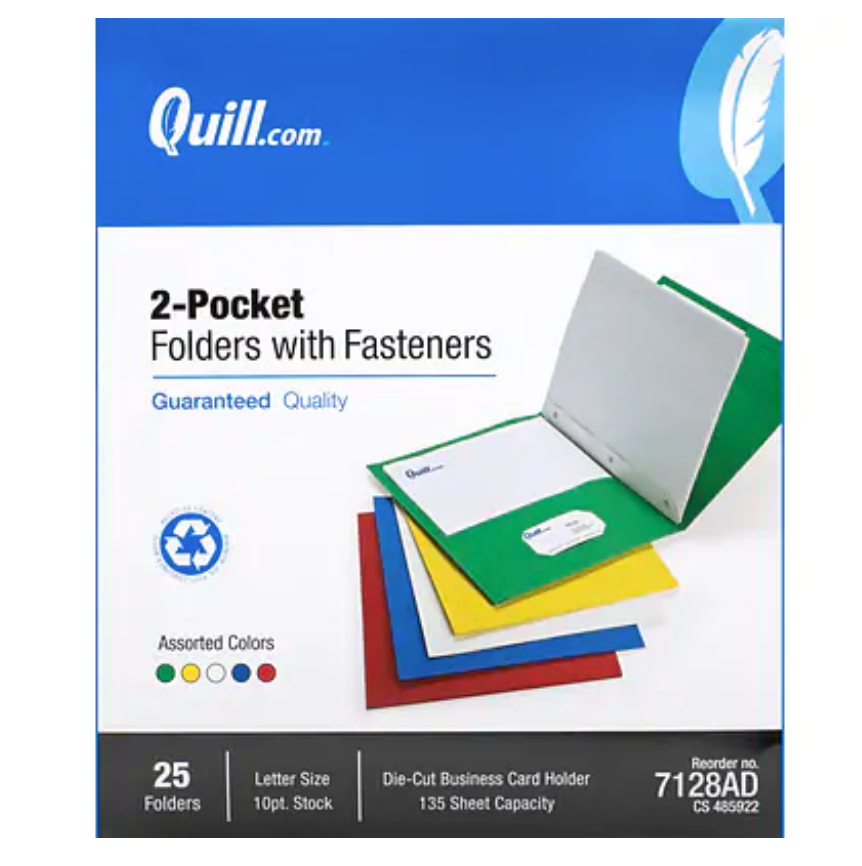 Quill Brand® 2-Pocket Folders With Fasteners, Assorted, 25/Box