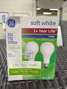 General Electric 2pk 30/70/100W 3 Way Long Life Incandescent Light Bulb White